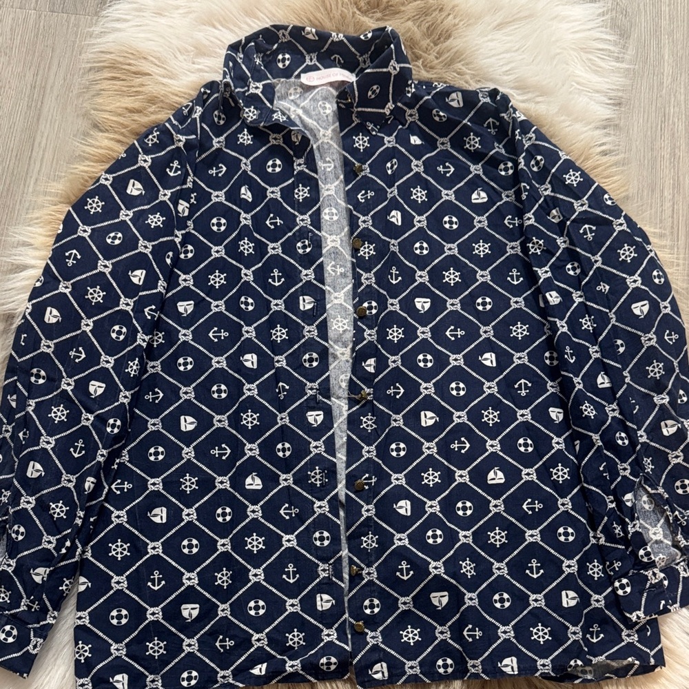 Nautical Print button up top Navy Blue